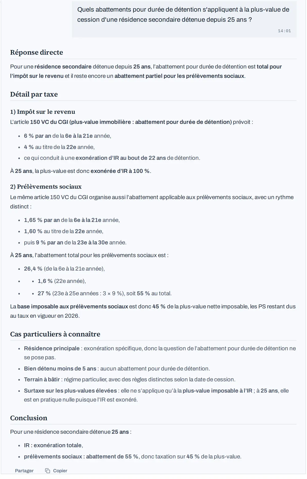 Réponse réelle de Fiscusia Pro : abattements pour durée de détention sur une plus-value immobilière, base légale CGI art. 150 VC et barème détaillé